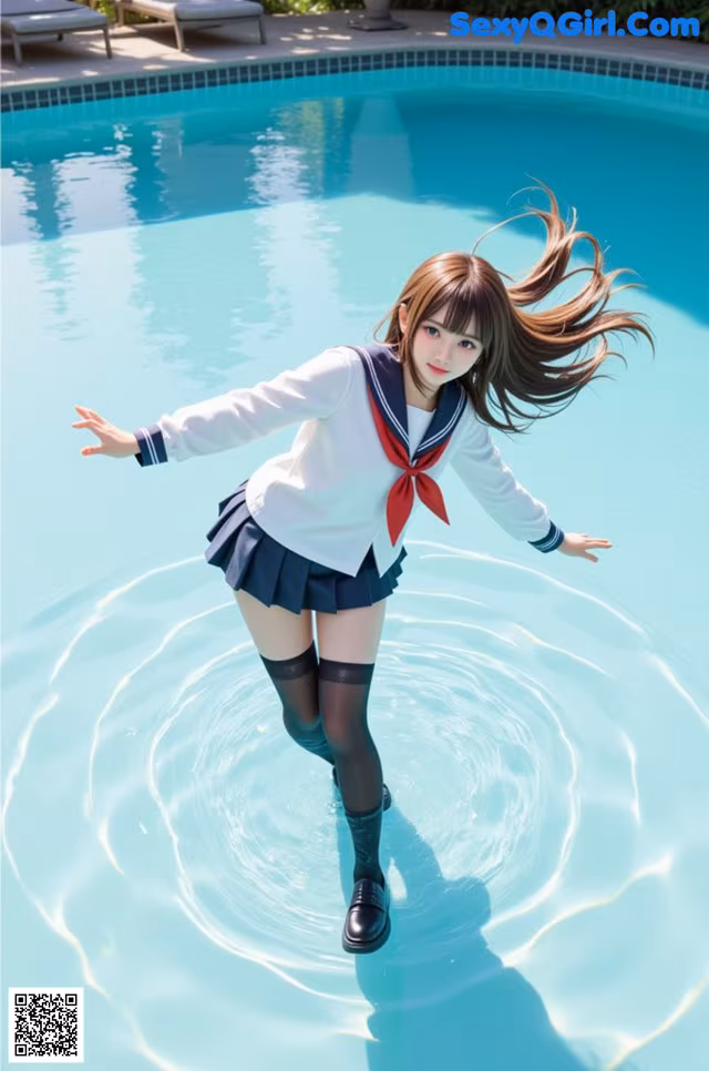 A woman in a school uniform is standing in a pool.