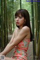 A woman in a colorful dress sitting in front of a bamboo forest.