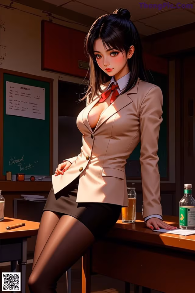 A woman in a school uniform sitting at a desk.