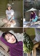 A collage of photos of a woman sitting in a tent.